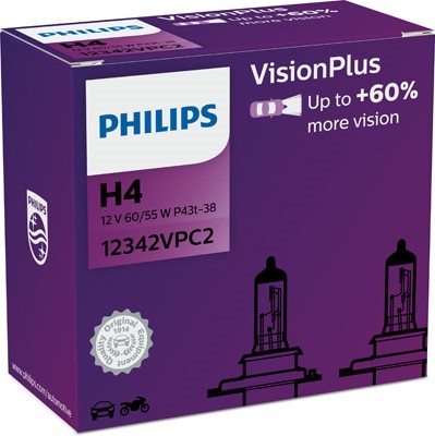 Halogenlampa PHILIPS VisionPlus H4 P43t-38 - P1239637 - bmw, rover, honda, dacia, land rover, kymco, jeep, subaru, volvo, ssangyong, plymouth, triump