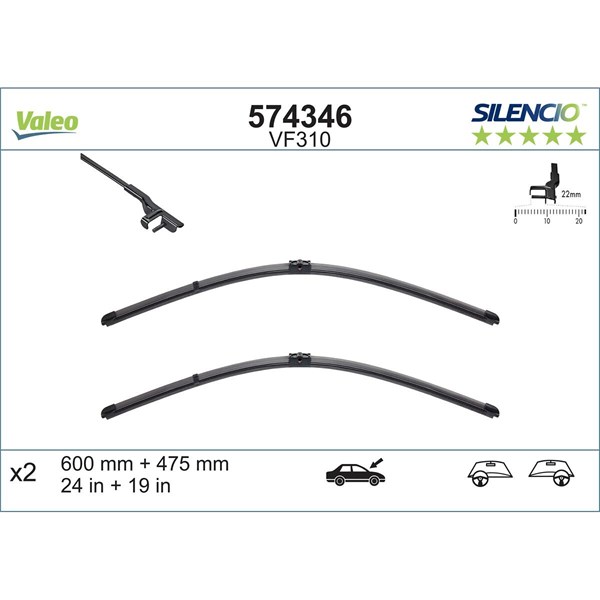 VALEO Torkarblad, Förarsida, Passagerarsida - P1258102 - audi, skoda, vw - OE 1J0955429A, 1K0998002A, 1K1955425A