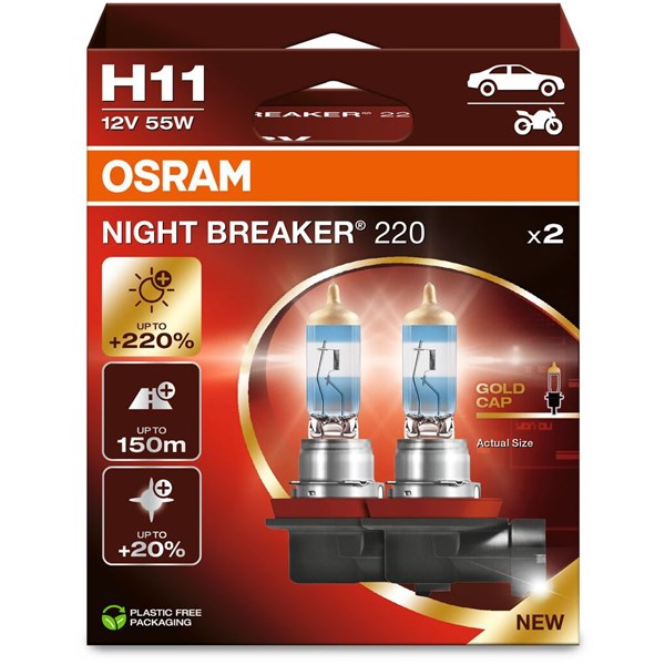 Glödlampa, Osram NIGHT BREAKER 220 PGJ19-2, H11 - P1915916 - abarth, alfa romeo, alpina, aprilia, audi, bmw, cadillac, chevrolet, chrysler, citroën, d